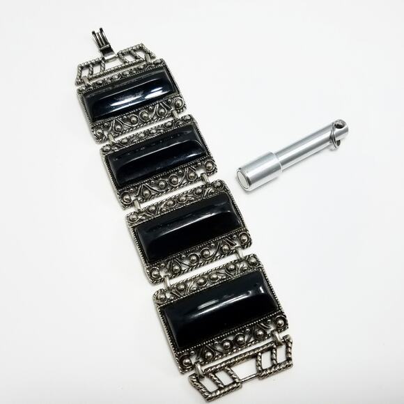 Vintage Selro Style Bracelet, Raised Lucite Black Panels, Chunky Wide - Picture 8 of 10